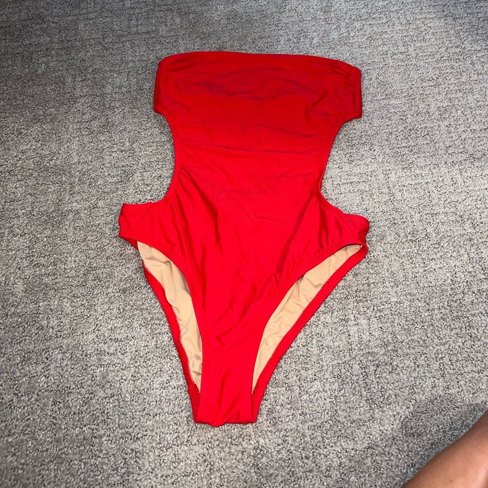 Red open back strapless Jcrew swimsuit
